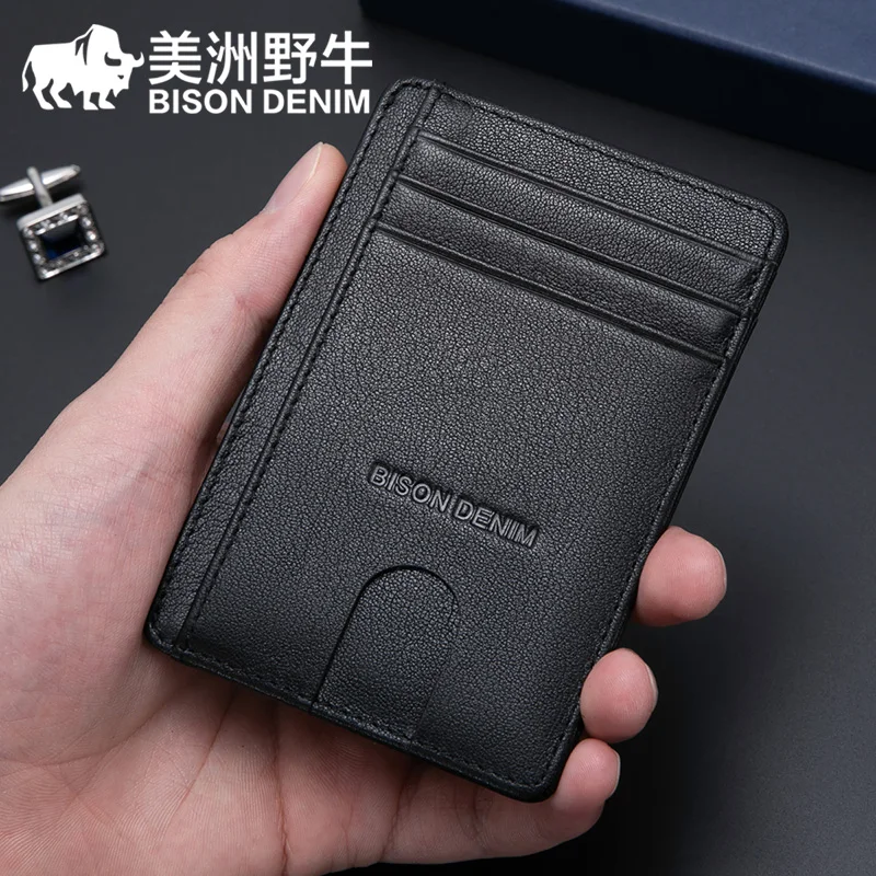 BISON DENIM Cow Leather Fashion Slim Minimalist Men Wallet Credit Card Holder RFID Blocking Leather Purse 11.3*8.2*1cm W9670-1BS