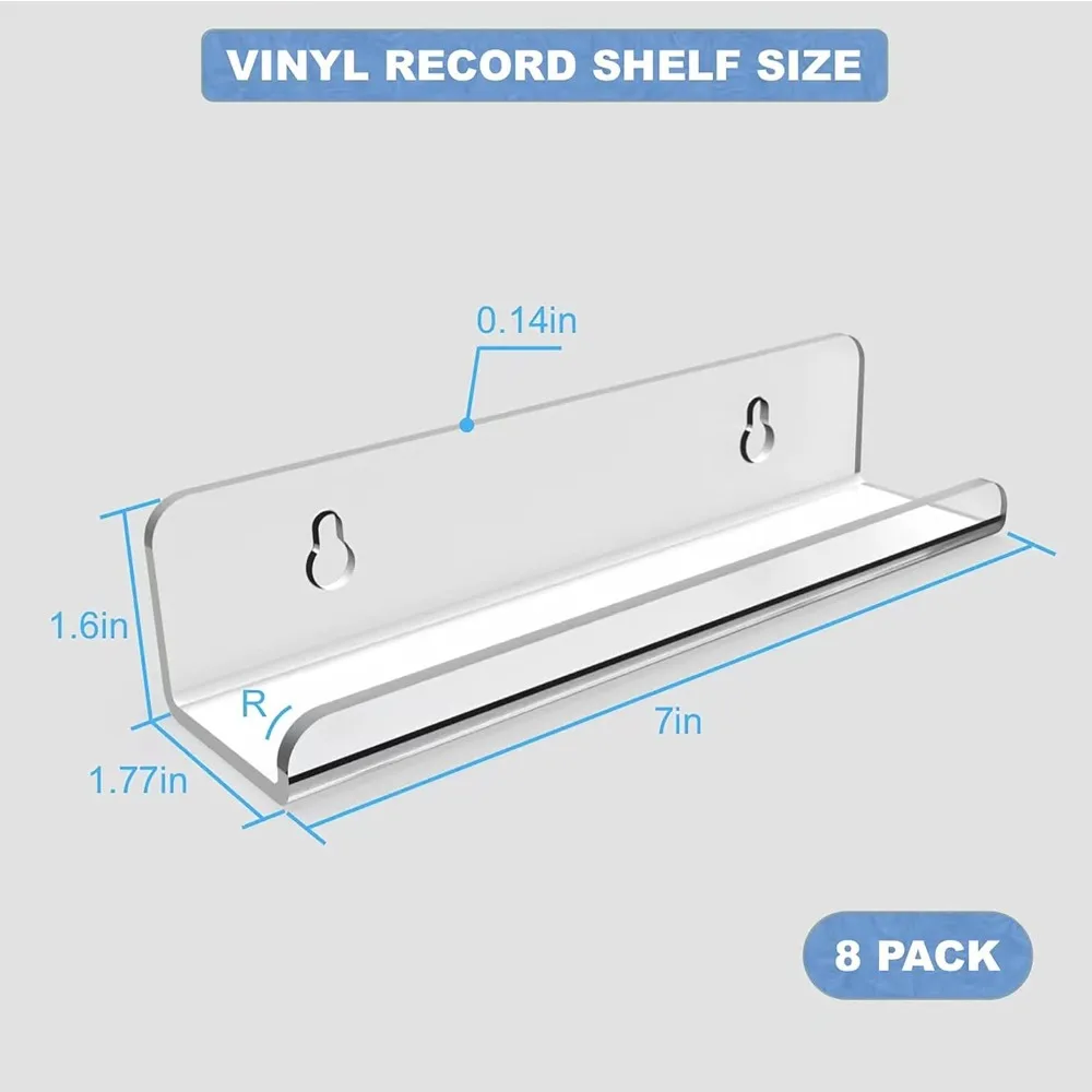 Vinyl Record Shelf Wall Mount 8Pack,7 Inch Acrylic Record Shelf,Record Wall Display, Vinyl Record Holder CD Rack,8 Pack(Clear)