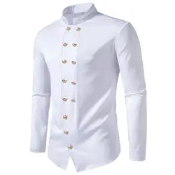 Men's Shirt Retro Double Breasted Royal Style Stand Collar Long Sleeve Solid Color Slim Fit Formal Men's Top