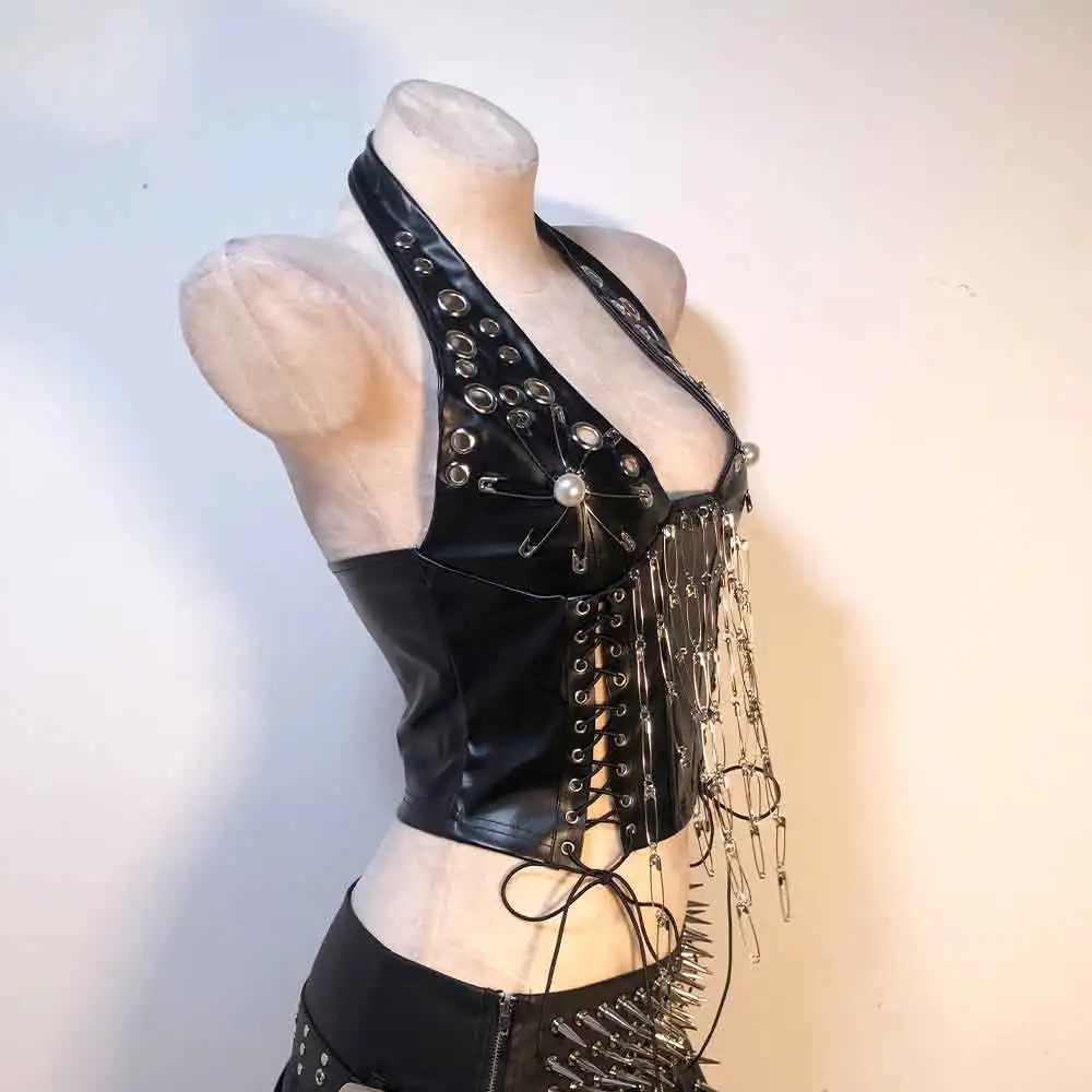 Goth Tops Punk Rock Clothes Spikes PU leather Black Emo Clothing Festival Rave Y2K T-shirt Festival Bra Gothic Tank Pin Grunge