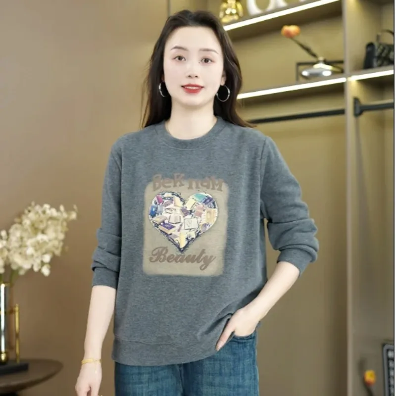 Moda solta manga comprida em torno do pescoço topo com fendas moletom casual moda outono estilo novo impresso versátil topo