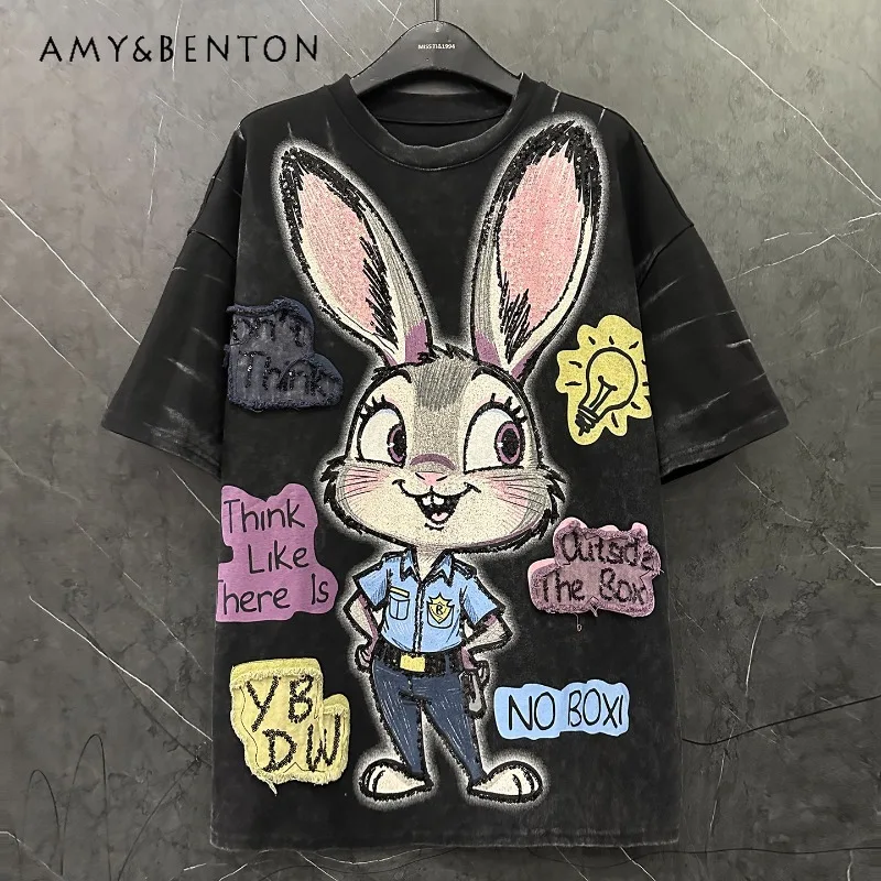 

2025 Autumn Popular Design New Y2k Tees Sequin Print Cartoon Rabbit Short Sleeved Tshirt For Women's Loose Casual Mid-Length Top