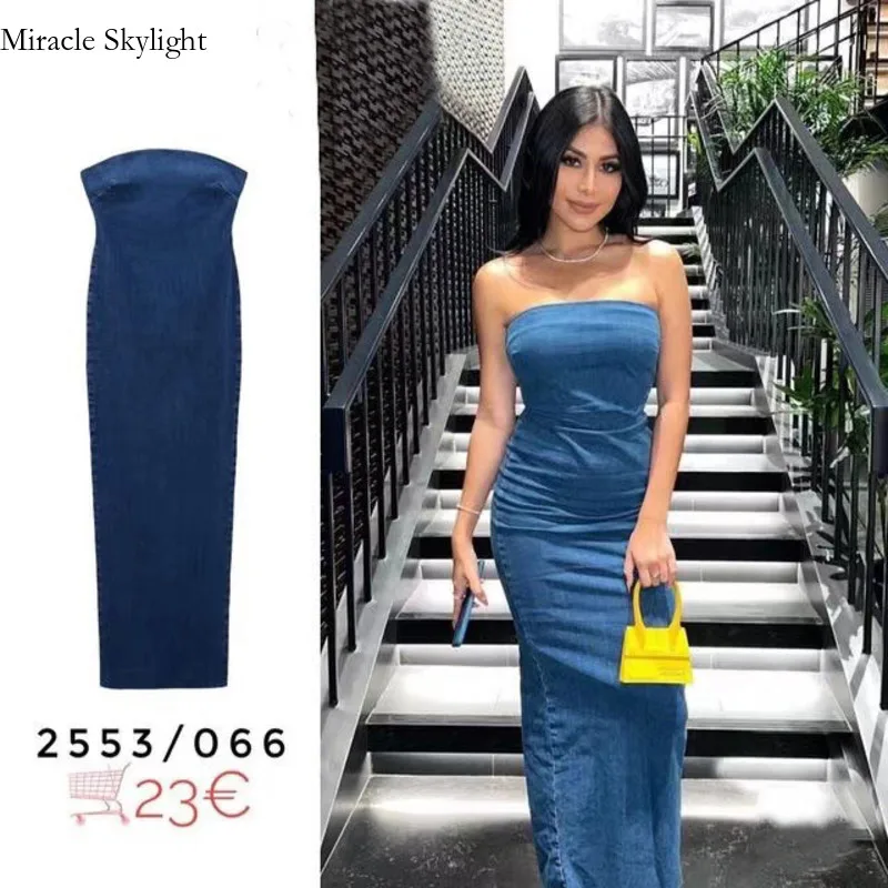 

Spring/Summer New Back Zipper Denim Wrapped Chest Dress For WomenWomen's temperament strapless sexy denim pleated long jumpsuit