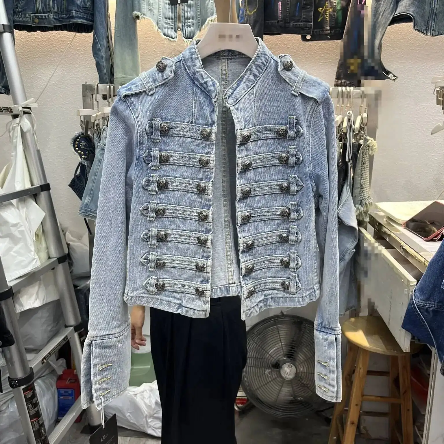 

Retro Military Handsome Stand Collar Denim Jackets Women Double-Breasted Wild Slim Short Jean Coat Female Outerwear