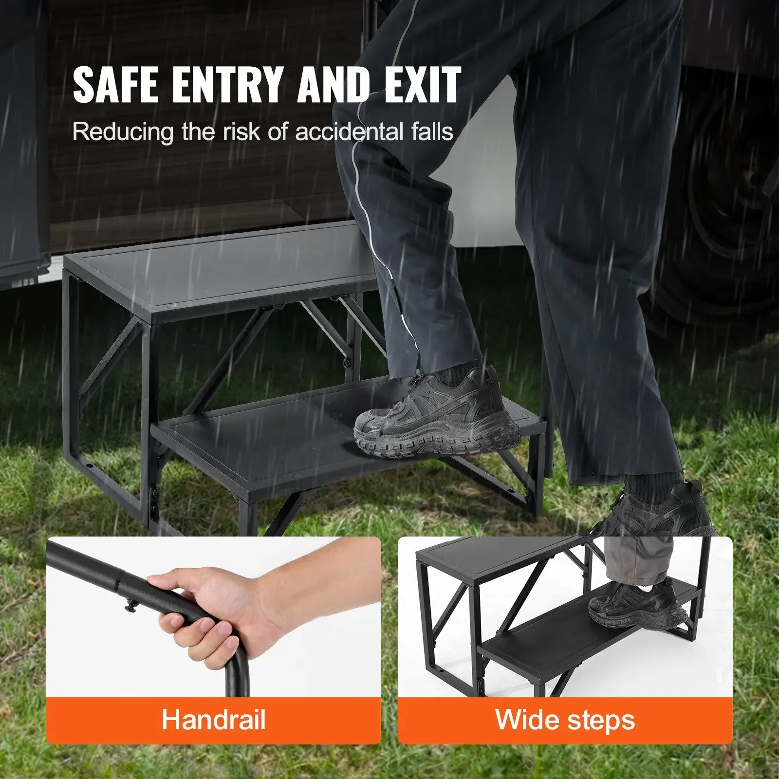 "2-Step RV Stairs – 440LB Capacity, Carbon Steel w/ Handrail for Campers/Trailers."