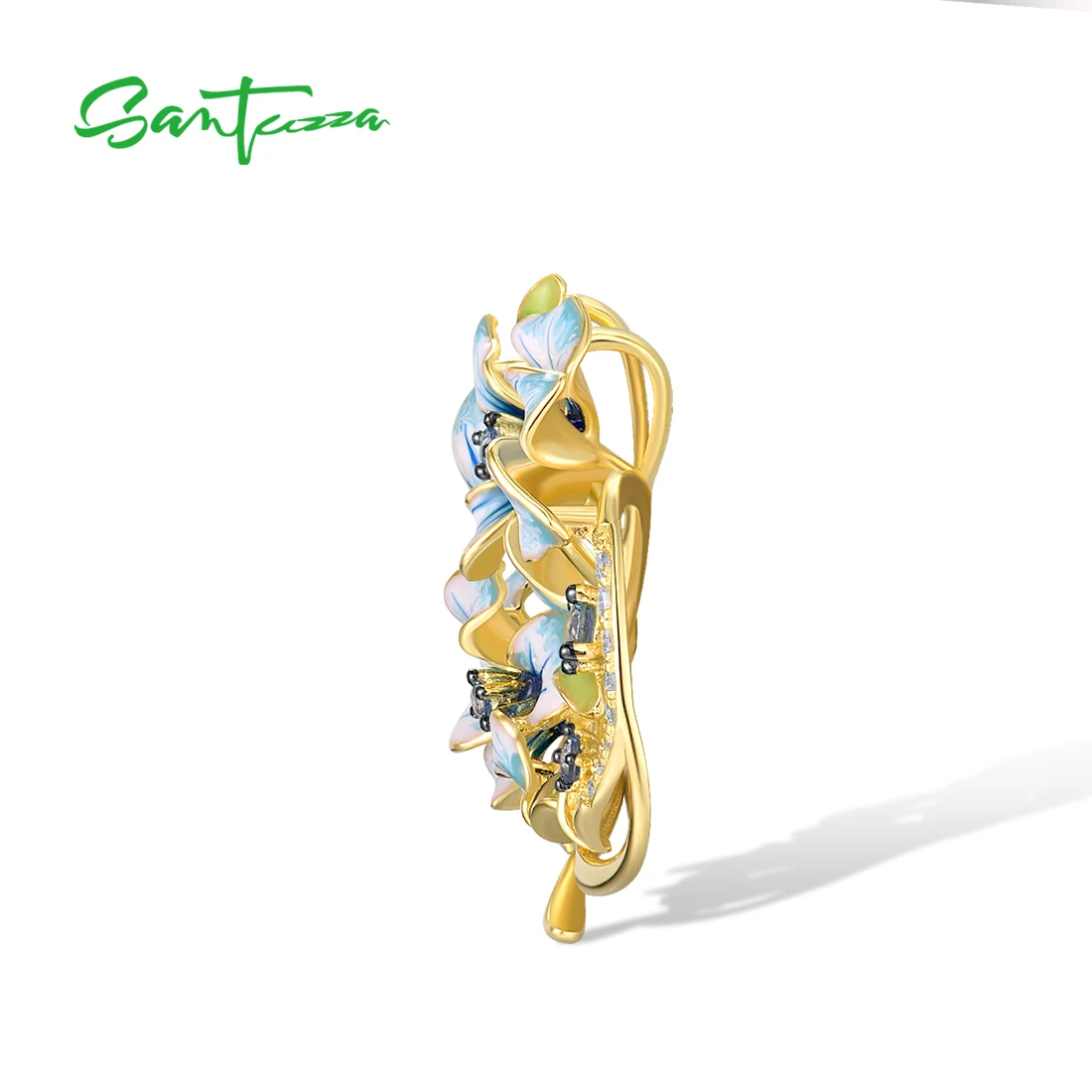 SANTUZZA Real 925 Sterling Silver Pendant for Women Sparkling Spinel Enamel Little Blue Flower Elegant Wedding Set Fine Jewelry