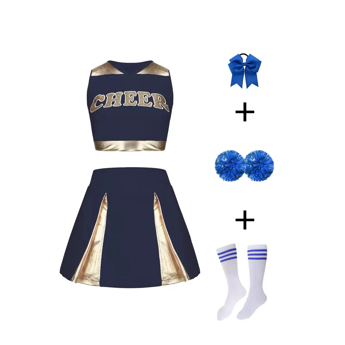 Boutique in-stock premium girls' 5-piece cheerleader outfit sleeveless top skirt bow pom-poms and socks wholesale