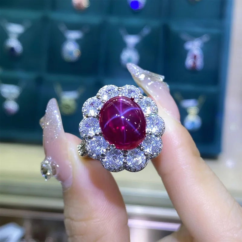 

Красное корунд в форме звездного света 10*12, открытое бриллиантовое кольцо для женщин, модное элегантное кольцо