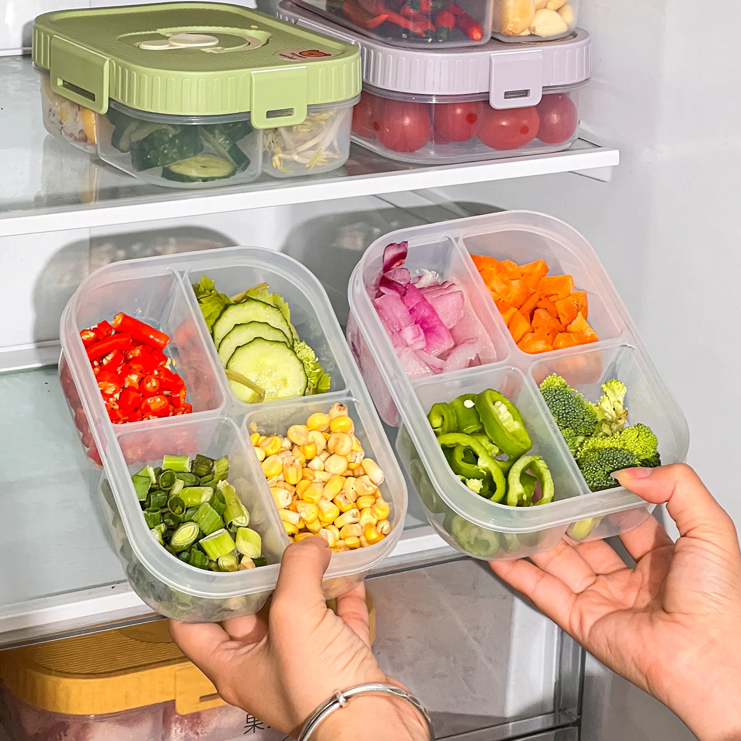 Contenedor de alimentos para refrigerador de 2/3/4 rejillas, caja de mantenimiento fresco sellada reutilizable, caja de conservación segura para microondas, cebollino, jengibre y ajo