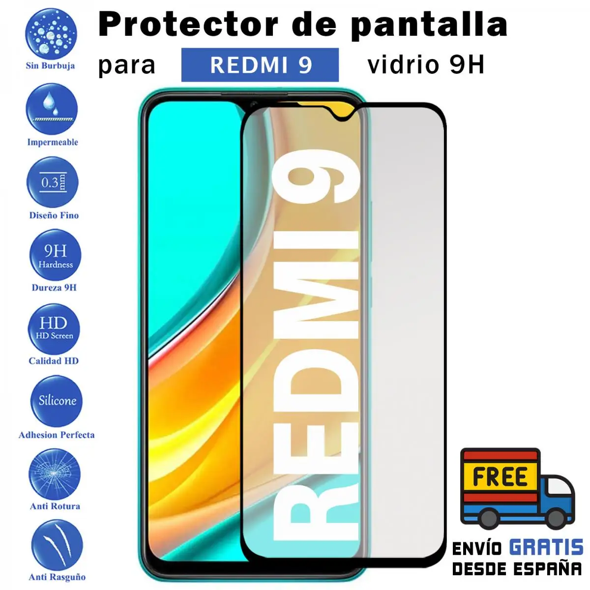 Xiaomi Redmi 9 black tempered glass screen Protector 9H for movil - Todotumovil