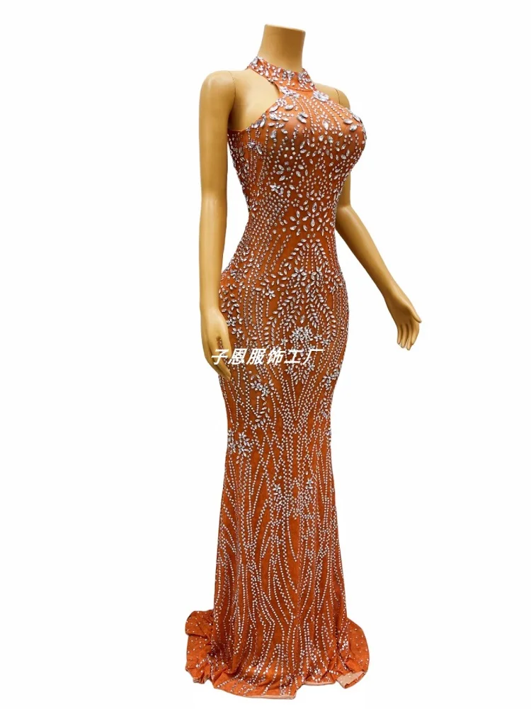 High-end temperament sparkling rhinestone dress reception red carpet party evening dress performance dress floor-length dress