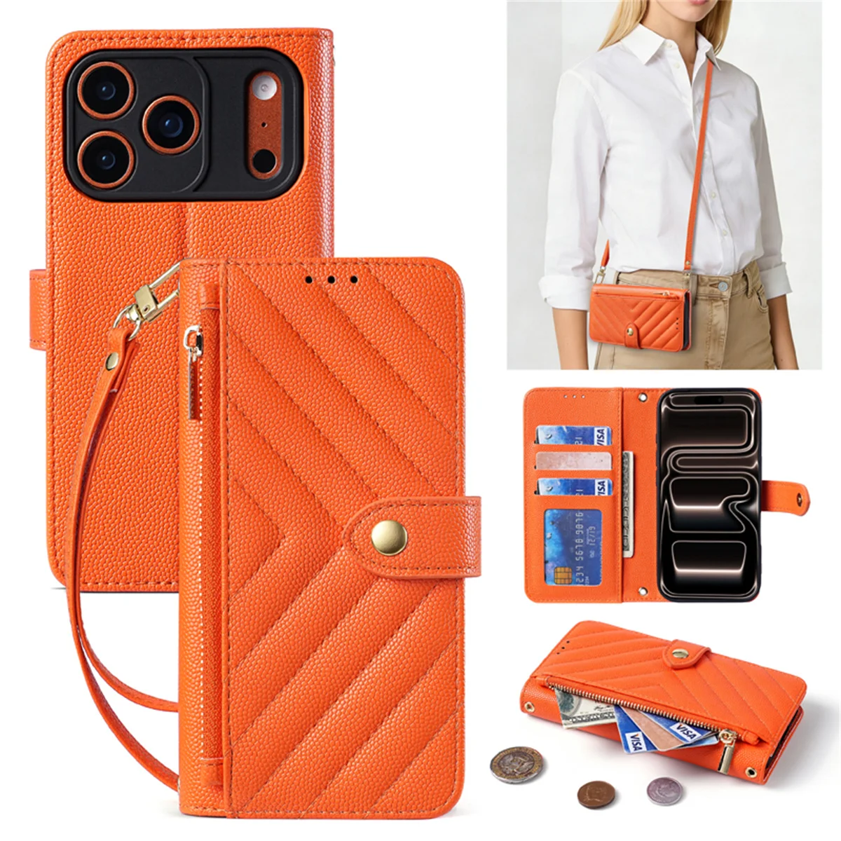 

Crossbody Strap Leather Wallet Cards Slot Phone Case for IPhone 16E 17E 17 Pro max 16 Plus 15 14 13 Pro Stand Protective Cover