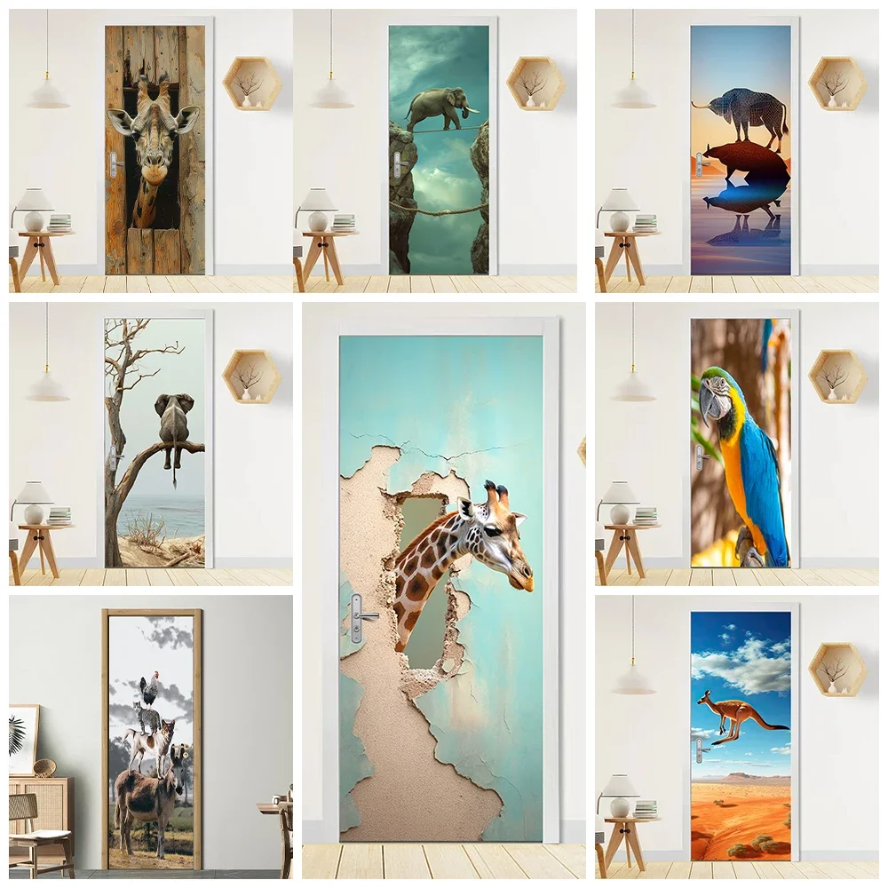 

Creative Giraffe Breaking Through The Wall Door Art Sticker Removable Funny Animals Elephant Parrot Mural Bedroom Door Wallpaper