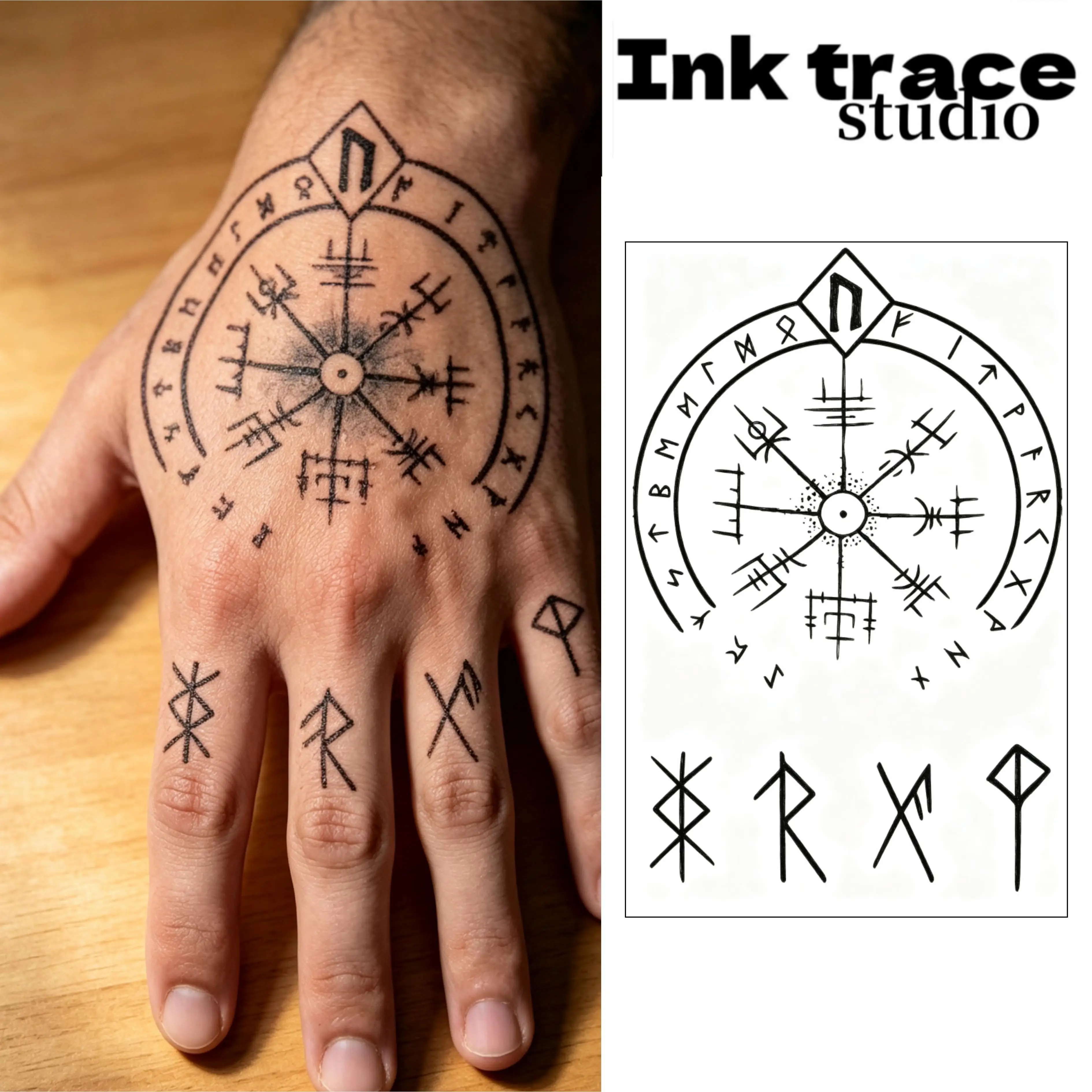 Temporary Tattoos Featuring Runic Characters Inspired by Norse Viking Culture, as Well as a Circular, symbolic Design Resembling