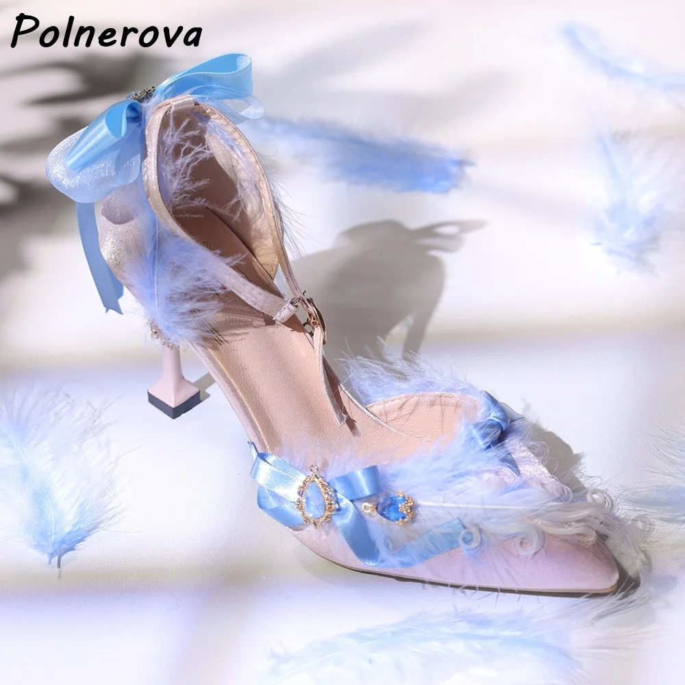 รองเท้าส้นสูงแบบมีสายรัดข้อเท้าประดับคริสตัล ปลายแหลม ส้นบาง แบบโปร่ง สไตล์โลลิต้า  ตกแต่งด้วยขนนกยูง  รองเท้าแฟชั่นสไตล์หวานสำหรับผู้หญิง