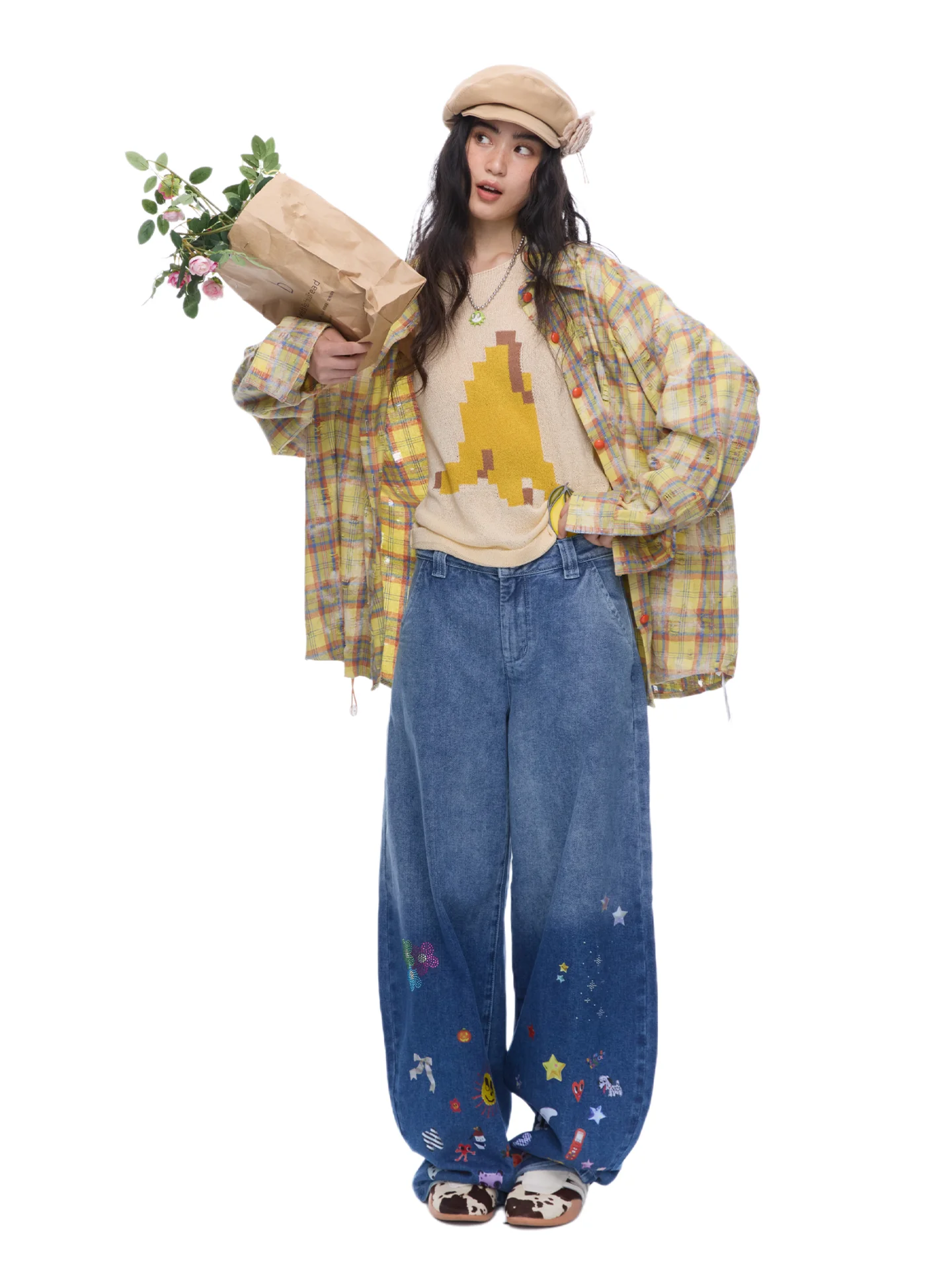 

Yellow Plaid Dstring Long Sve irt Coat Loose Fit ex Casual Sle Cotton Blend Open Cardigan Spring Autumn Wear