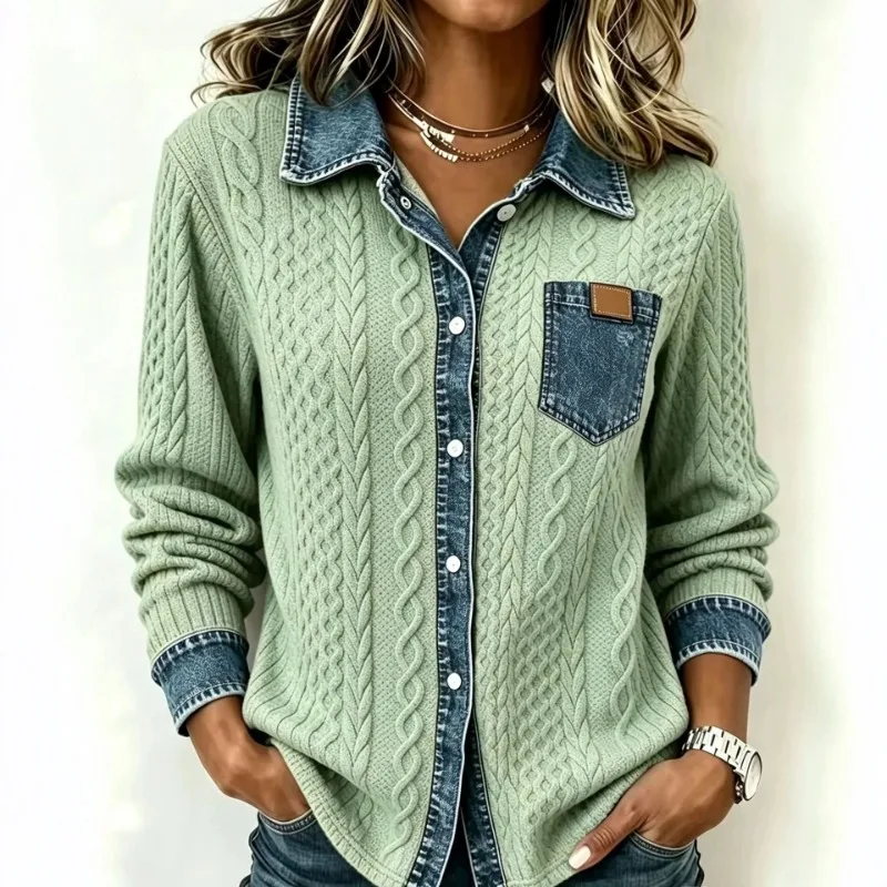Women Cable Knit Shirt Denim Spliced Lapel Long Sleeve Button Down Casual Blouse With Pocket
