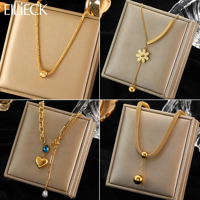 Eilieck 316L สร้อยคอลูกปัดดอกไม้สแตนเลสสำหรับผู้หญิงแฟชั่นใหม่สร้อยคอสีทองสร้อยคอกันน้ำเครื่องประดับของขวัญงานปาร์ตี้