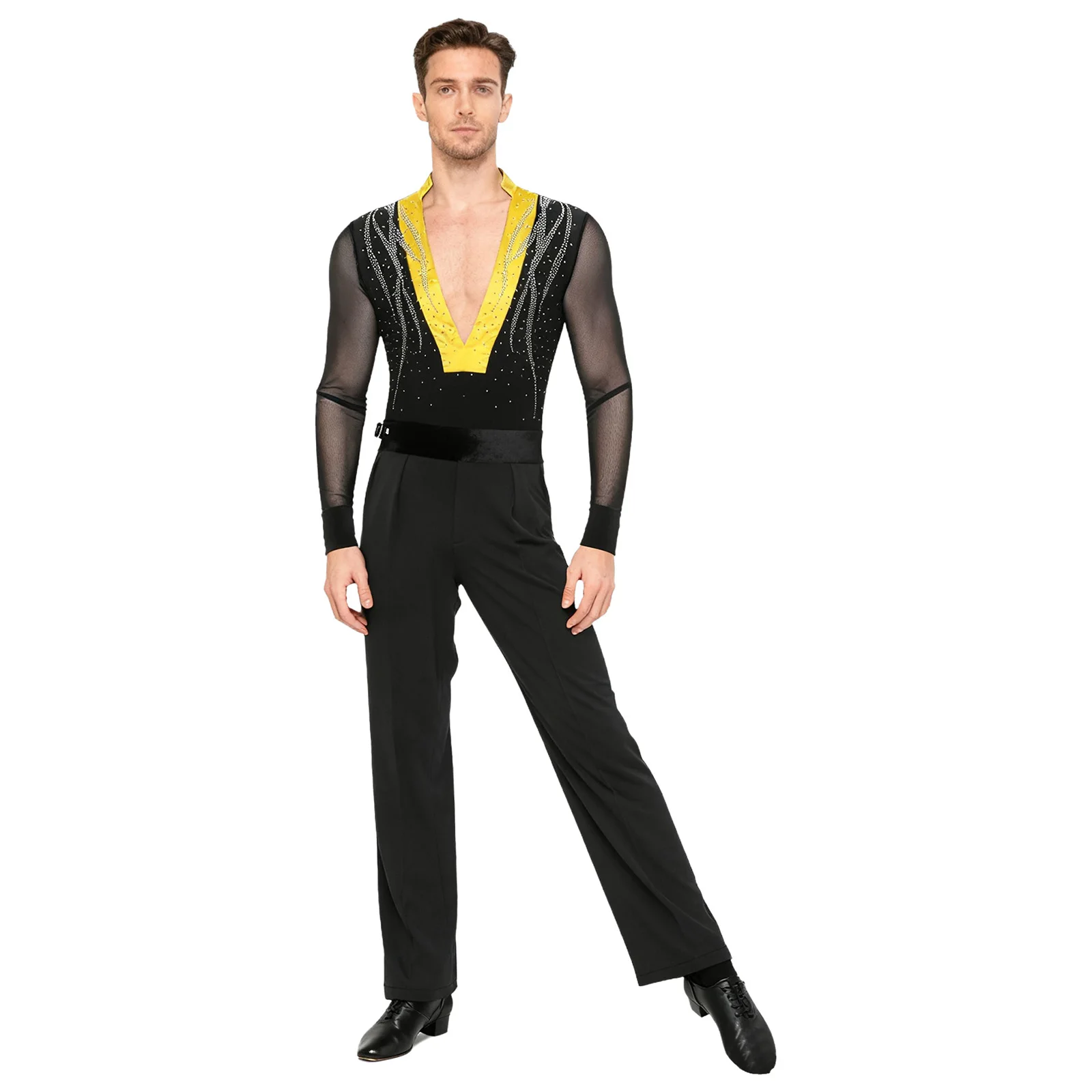 

Men Latin Tango Dance Outfit Sheer Mesh Long Sleeve Deep V-neck Rhinestone Bodysuit And Long Pants Ballet Salsa Dance Costume