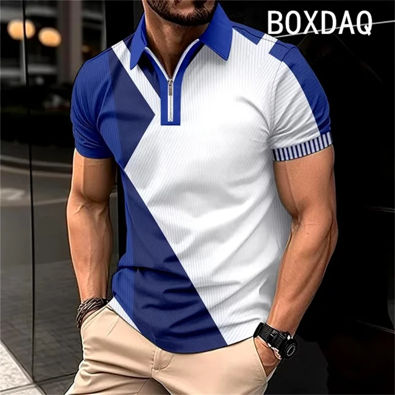 Men\'s Summer Short Sleeve Lapel Zipper Collar Polo Shirt Fashion Minimalist Casual Polo Shirt 3D Color Splicing Polo Shirt Tops