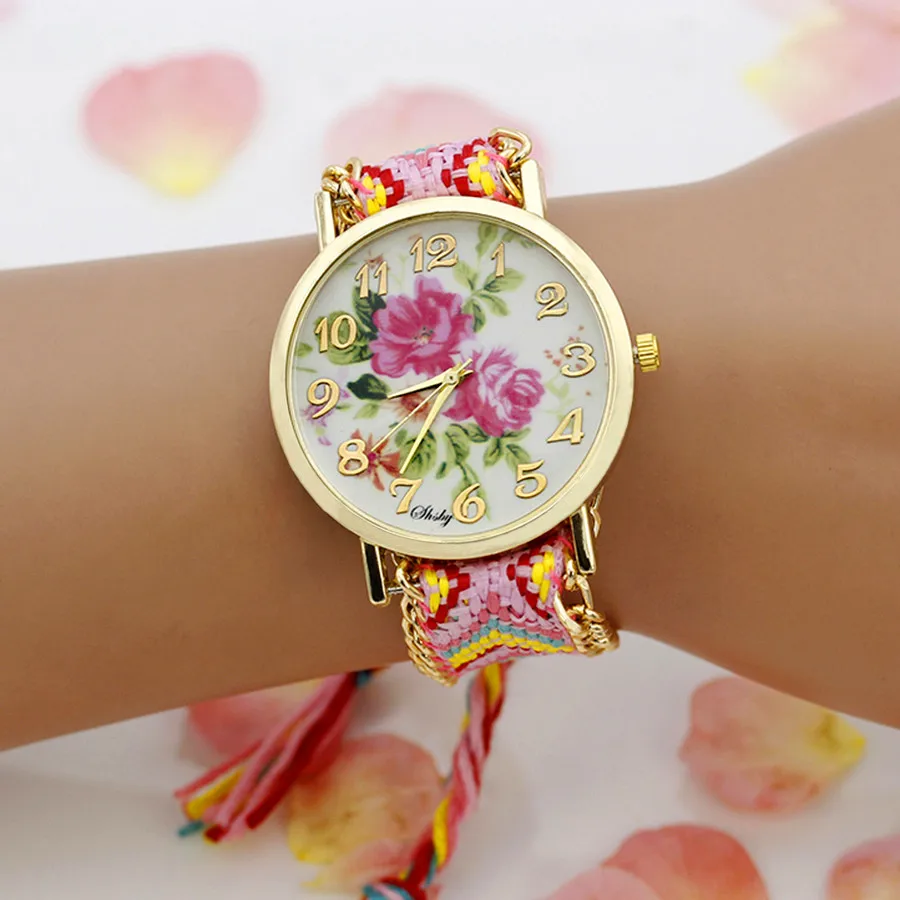 shsby New Ladies flower Woven nylon rope wrist watch fashion women dress watch high quality quartz watch sweet girls watch