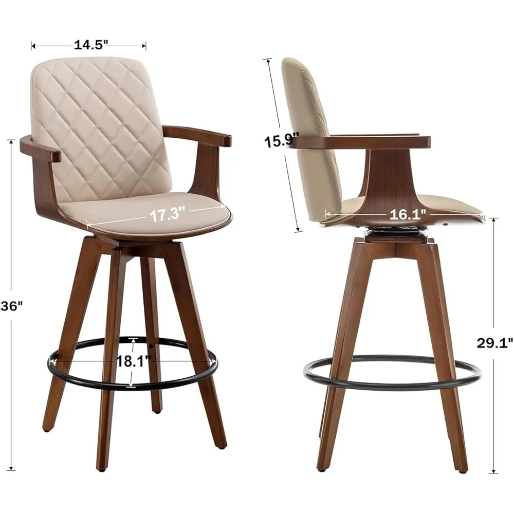 Bar Stools Set of 2, Upholstered Faux Leather Counter Height Bar Stools, Swivel Barstools with Wooden Arms and Legs, Chair