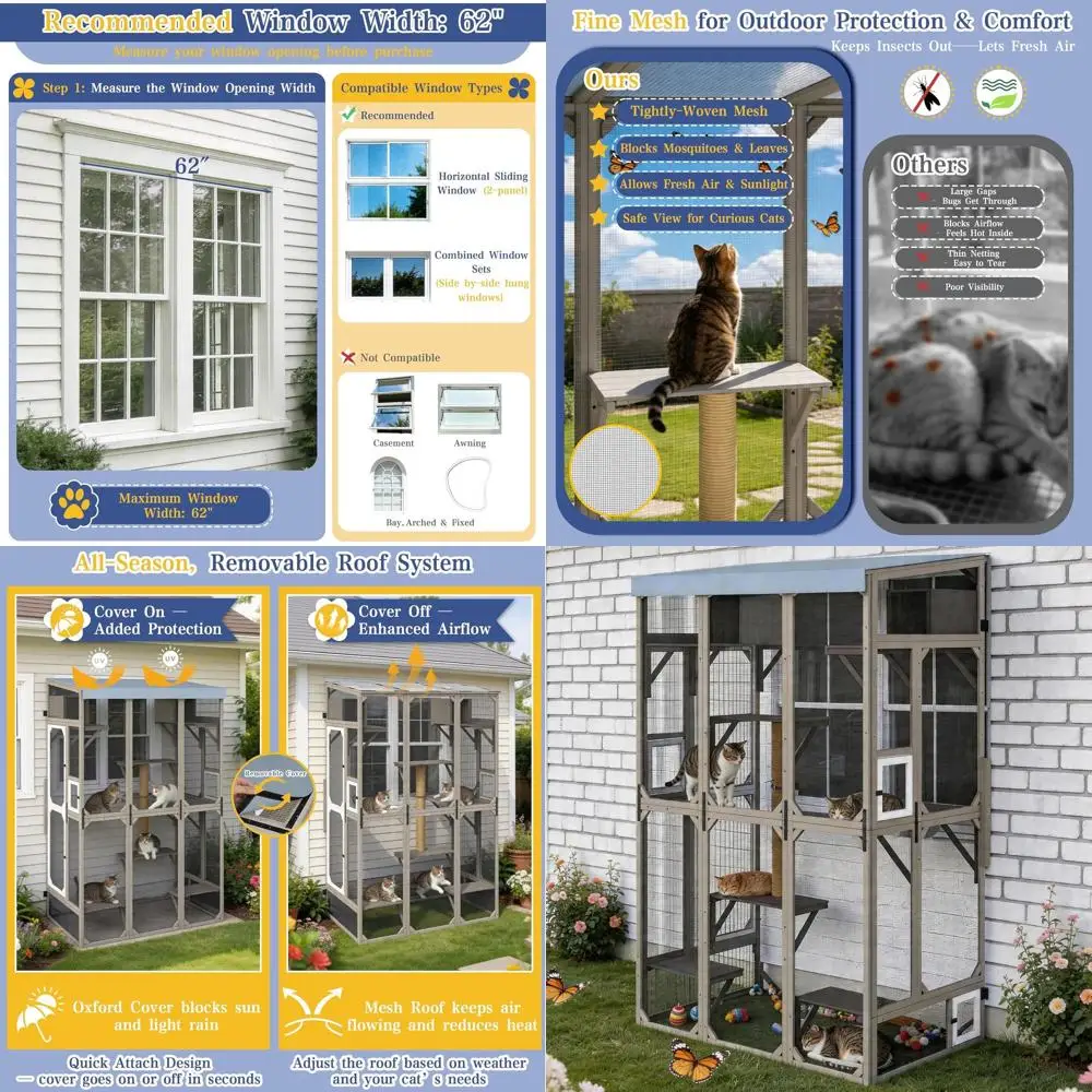 

Large Wooden Outdoor Cat Enclosure with Tunnel, Weather-Resistant, Expandable, Ideal for Napping and Lounging