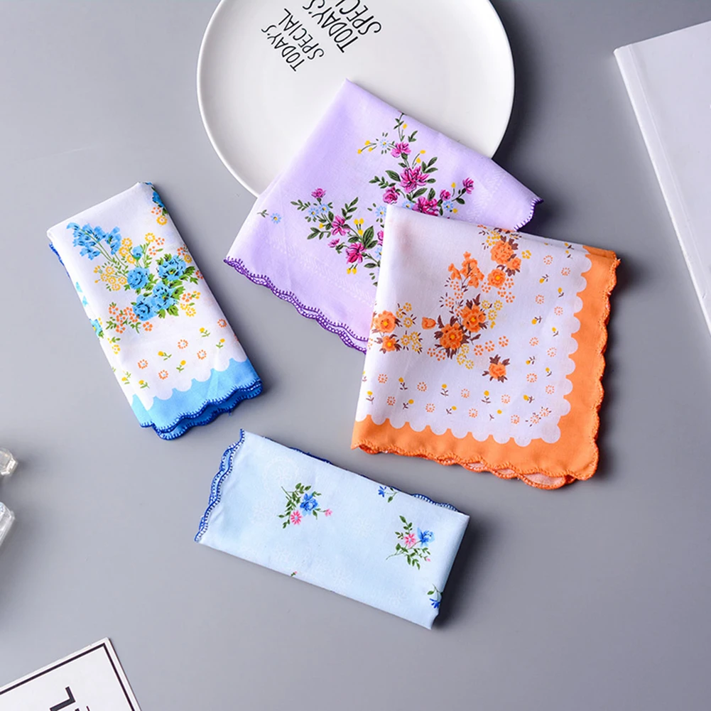 5Pcs Flower Handkerchiefs Cotton Women Hankies Embroidered Flower Hanky Floral Assorted Cloth Wavy Edge Handkerchief 30X30CM