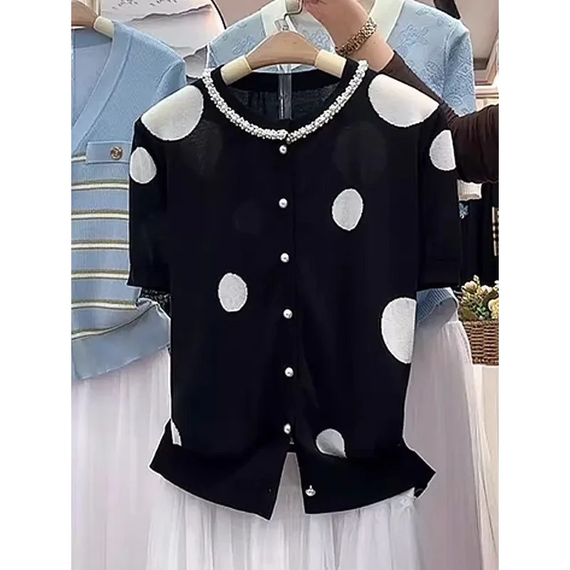 

Blouse Women's Summer Polka Dot Jacquard Knit Elegant Round Neck Short Sleeve Slimming Comfortable Minimalist Fashionable Niche