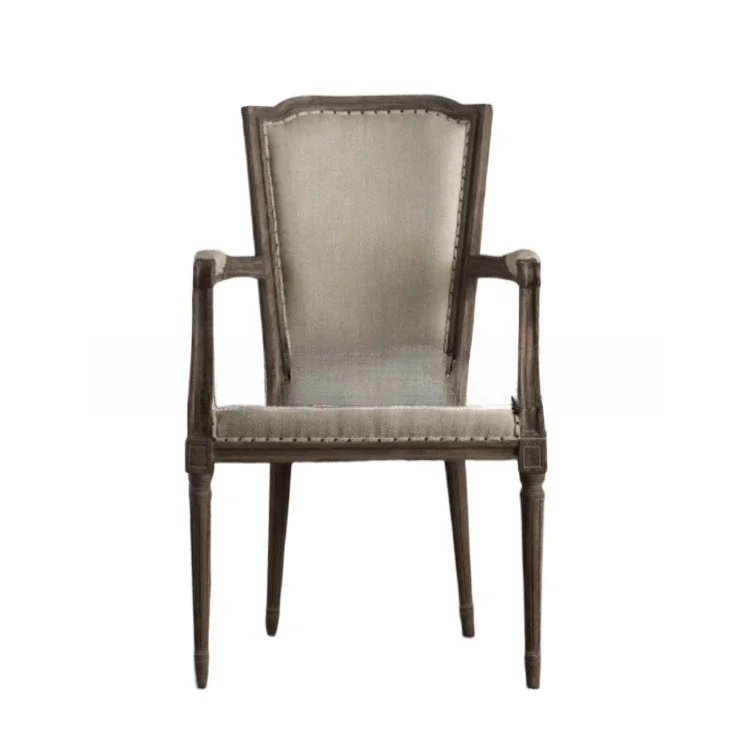 

French retro log oak dining chair, modern restaurant cafe linen, fabric chair
