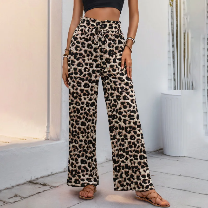 Summer Chic Pants Women Elegants Trousers Wild Retro-style Slacks High-waisted Loose Leopard Print Wide-leg Pants