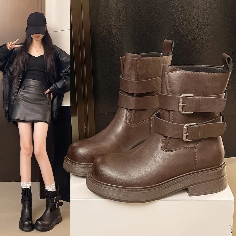 

Western Leather Shoes Autumn and Winter New Round Toe Platform Belt Buckle Platform Non-slip Block Heel Single Shoes