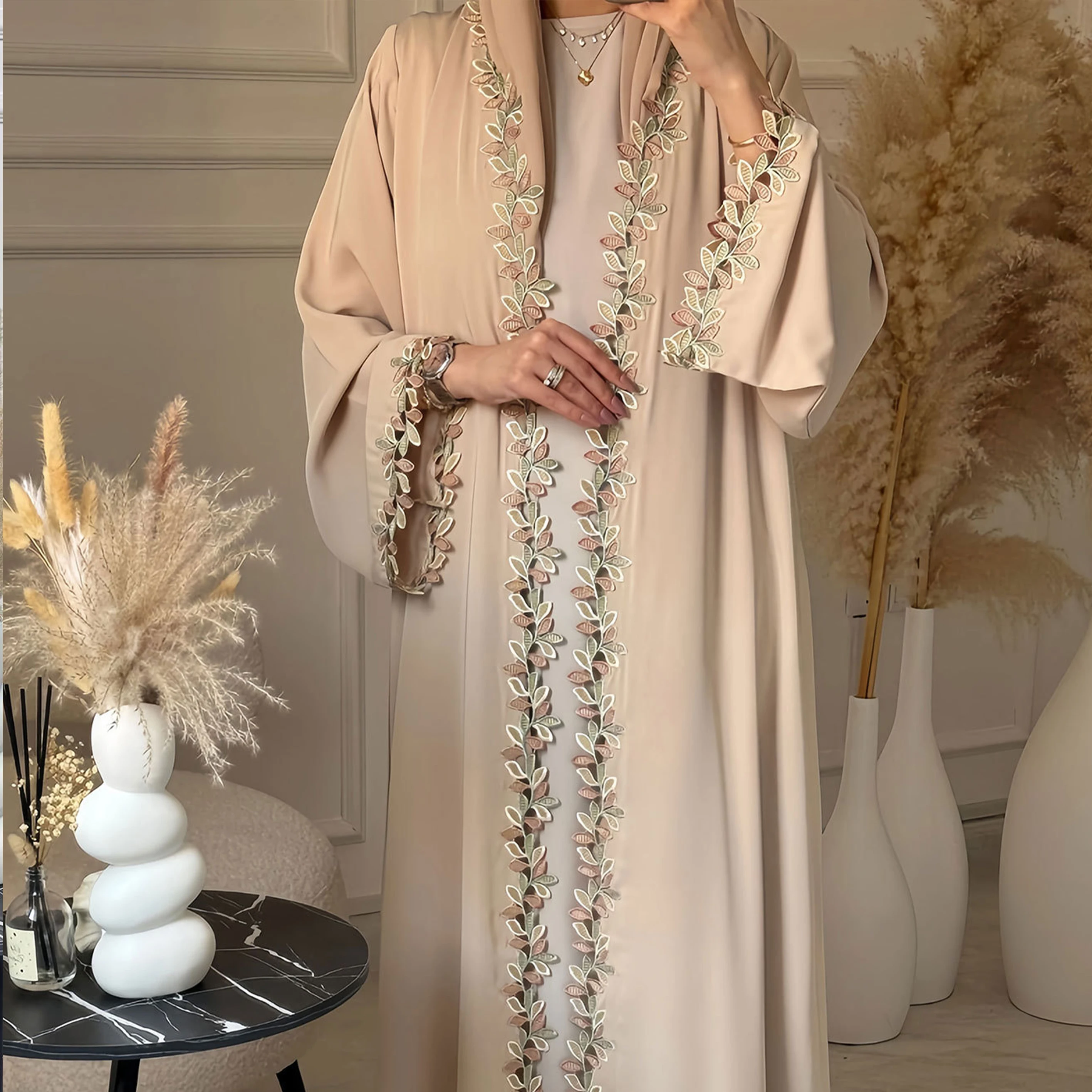 2026 Ramadan Elegant Flower Embroidery Abaya Long Cardigan Open Dubai Muslim Dress Eid Islamic Middle East Style Modest Abaya
