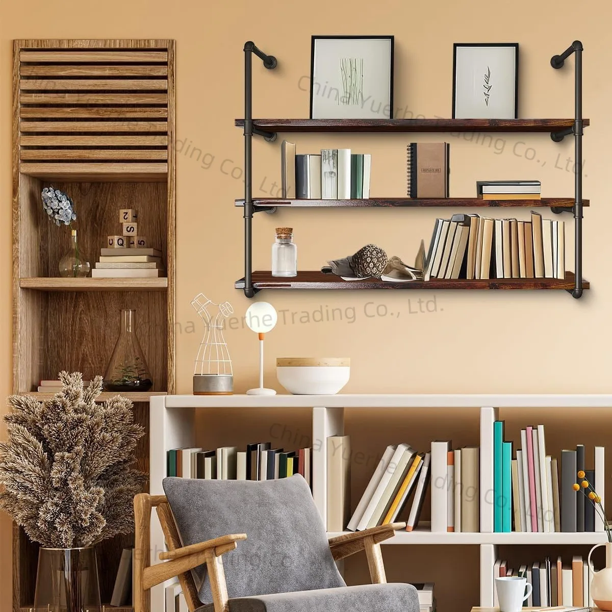 

American industrial wind shelf wrought iron metal water pipe bookshelf display shelf storage wrought iron