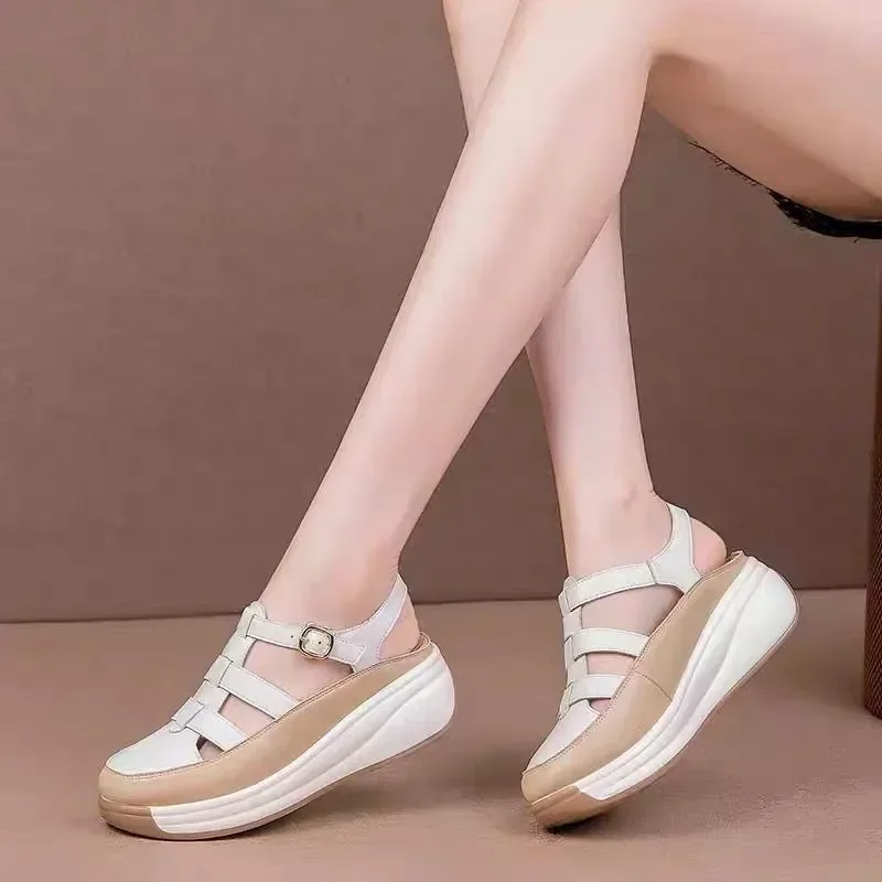 

New Cross Hollow Soft Sole Sandals Roman Retro Casual Platform Shoes Women's Round Toe Loafers Buckle Sport Sandalias