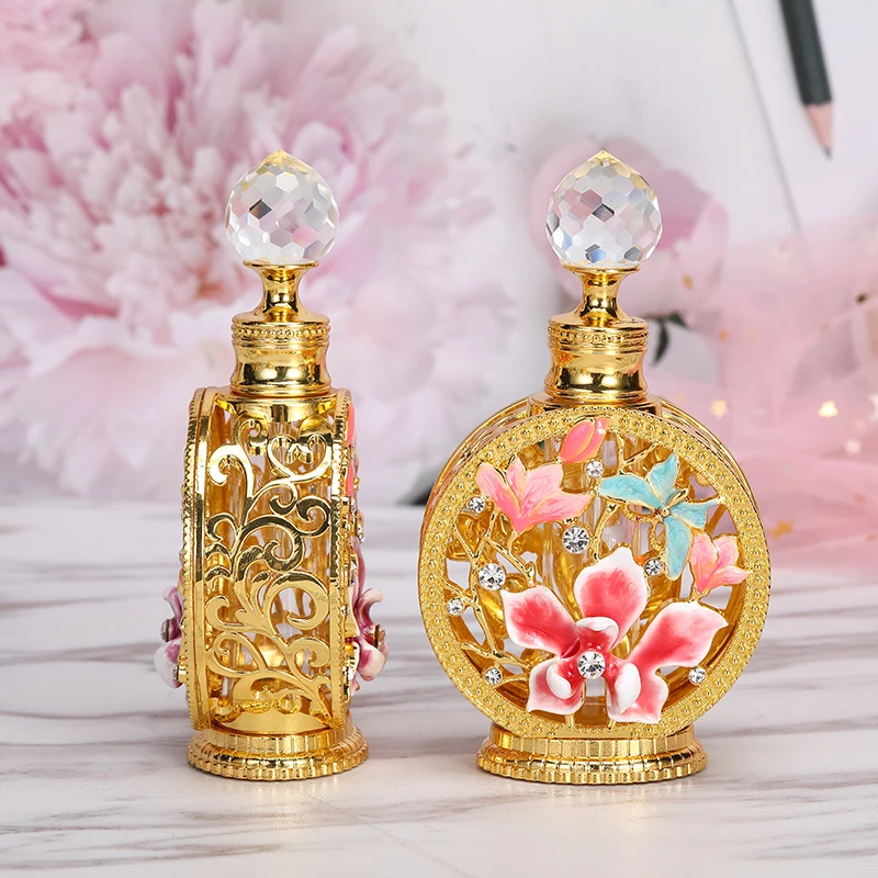 12ml Arab Peacock Orchid Plum Flower Stones Metal Refillable Perfume Bottle Fragrance Attar Oil Glass Bottles Home Decor Gift