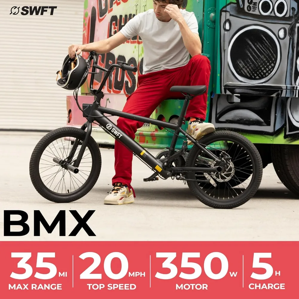 Electric BMX Bike- 35mi Operating Range, 20mph, 20” Performance Wheels, Front & Back Pegs, LCD-Display, Adult E Bike- Black