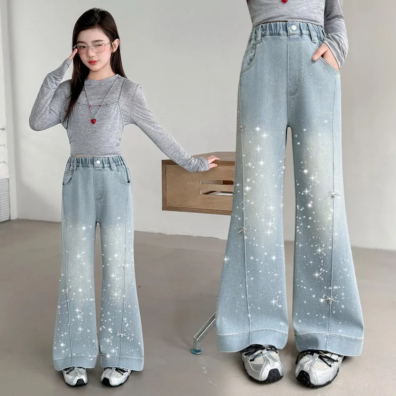 Girls Jeans Spring and Autumn New Big Girl Fashionable Slim Fit Jeans Flare Pants High Waist Children\'s Trousers