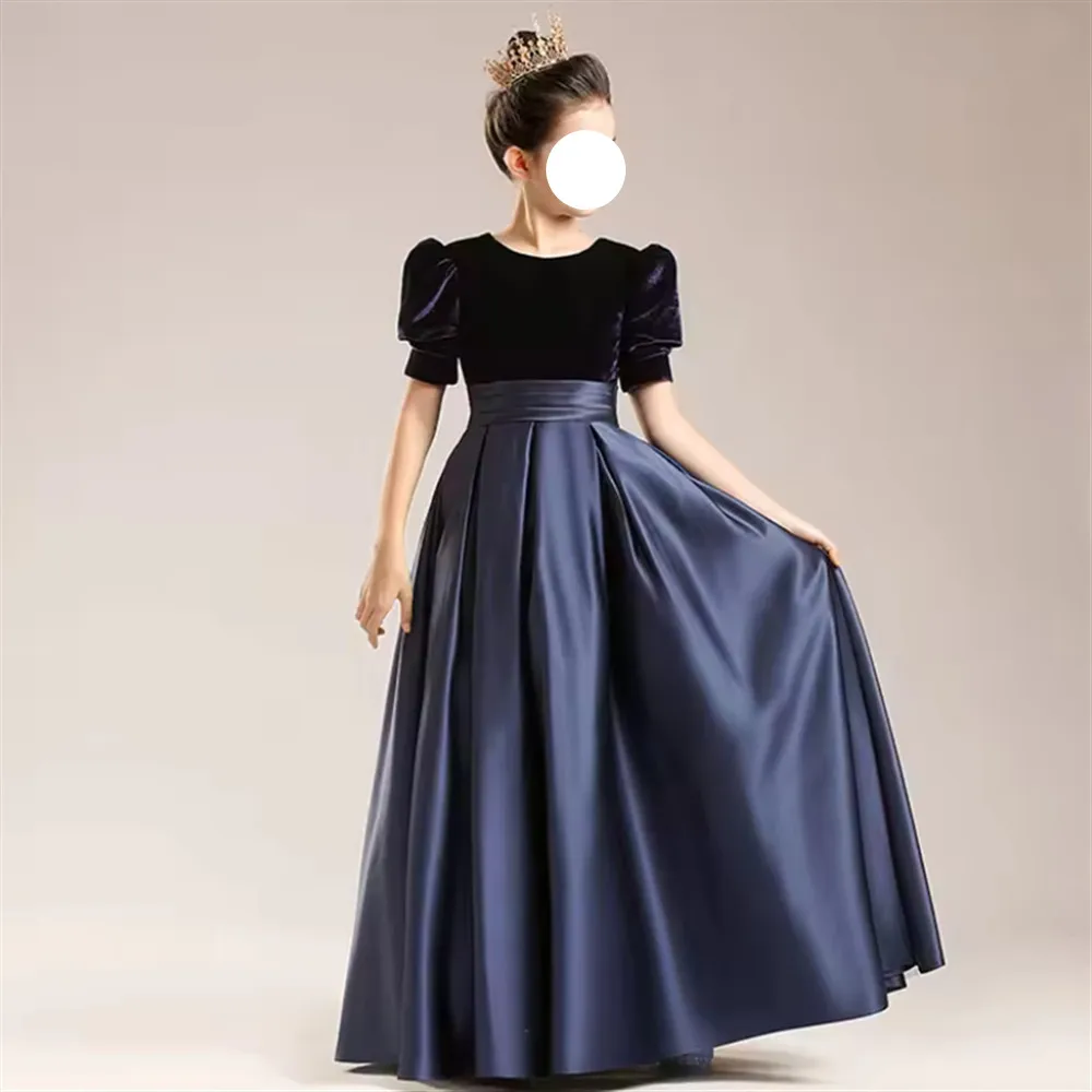 Robe élégante pour demoiselle d'honneur, en velours et satin, avec ceinture, pour enfants, robe de princesse pour fête d'anniversaire, robe de communion, personnalisée