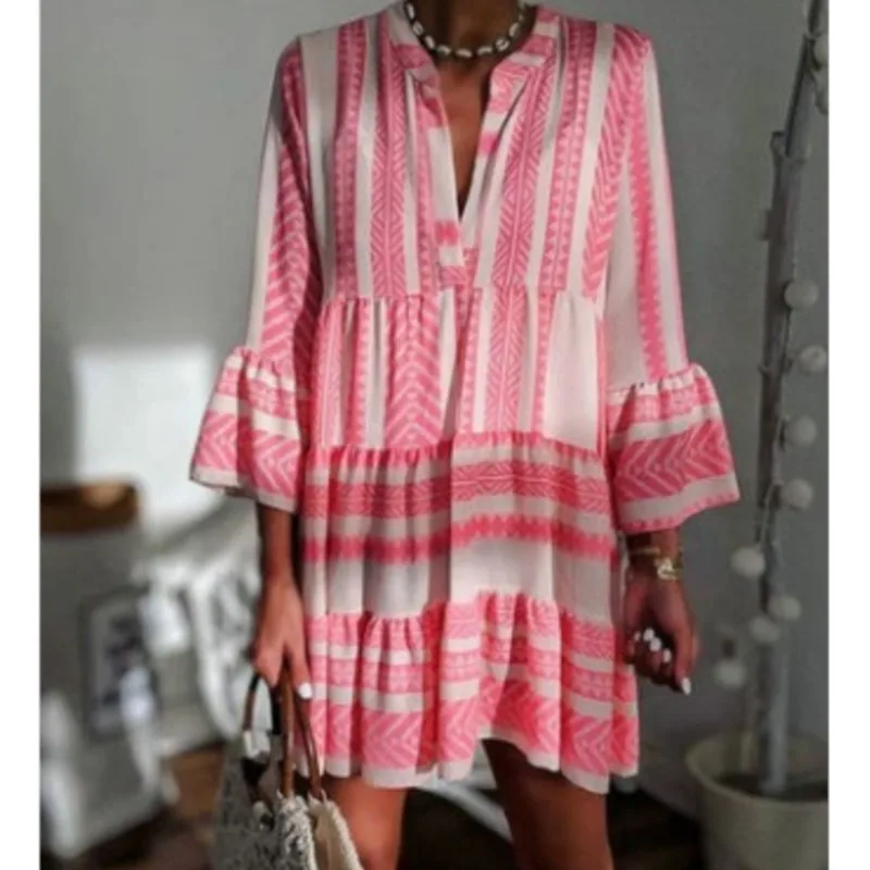 Women's V-Neck Striped Printing Dress Casual Flare Sleeve Mini Dress Female Boho Beach Leisure A-Line Party Sundresses Vestidos