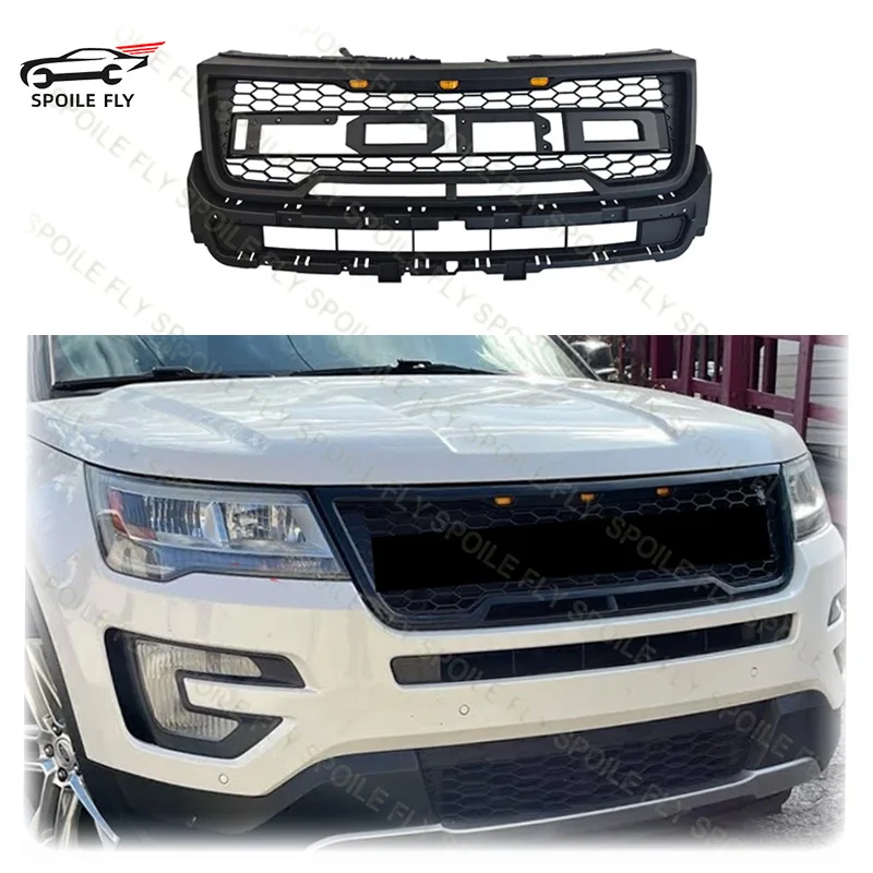 

For Ford Explorer 2015 - 2018 High Quality ABS With 3/Pcs Car Front Bumper Grille Front Grille LED Glossy Black Black Kit