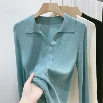 심플한 단색 턴다운 칼라 긴팔 풀오버, 여성 패션 버튼 뜨게 탄성 스웨터 상의, 가을 신상