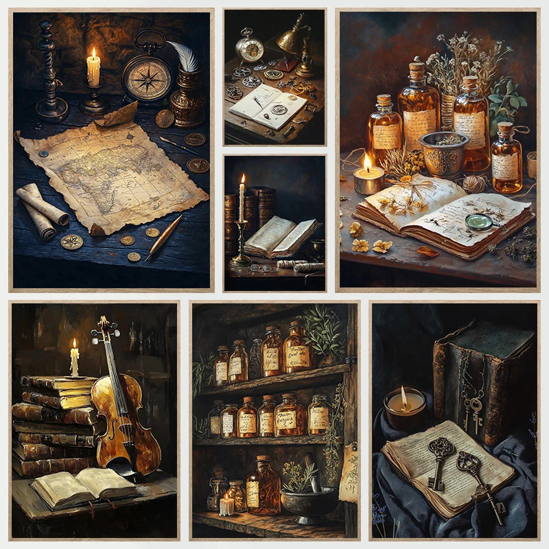 Renaissance Dark Pharmacist Books Bookshelf Plant Retro Poster Prints Canvas Painting Wall Art Picture Living Room Home Decor