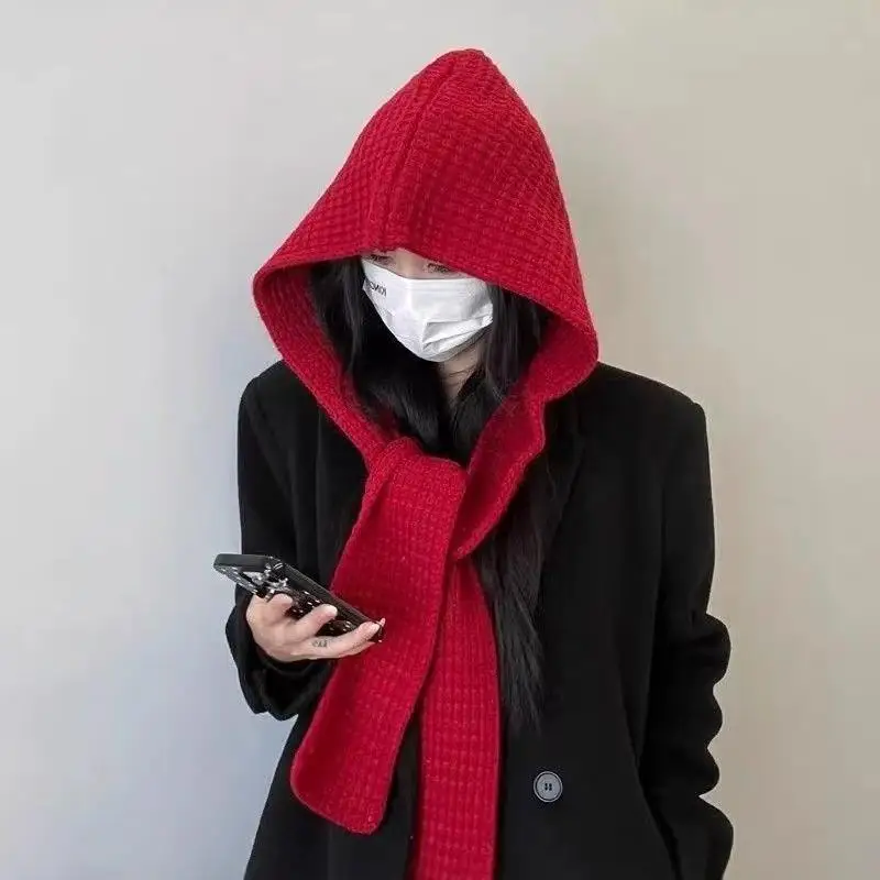 

Korean Knitted Beanies Cap Hooded Scarf Winter Warm Unisex Hooded Hat Neck Collar Scarf Cap Cold Hats Balaclava Caps Bonnet