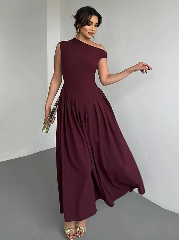 

2026 Вечернее платье на лето — женское элегантное макси с косым воротником и плиссированной юбкой трапециевидной формы, платье без рукавов с высокой талией