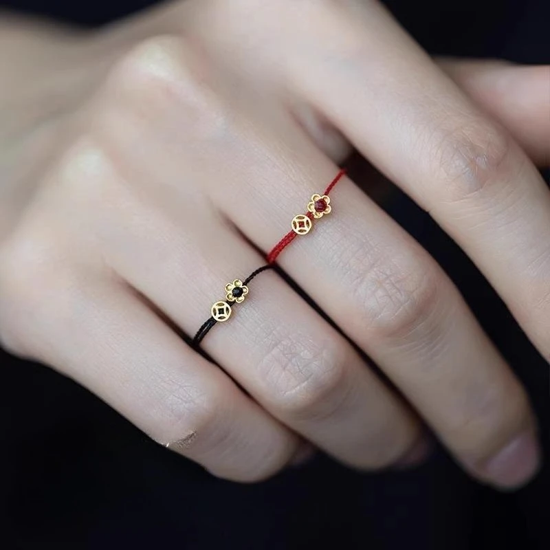 لطيف قابل للتعديل المنسوجة حبل أسود أحمر خواتم جميلة الذهب اللون زهرة عملة الثروة خواتم محظوظ النساء فنجر مجوهرات anillos mujer