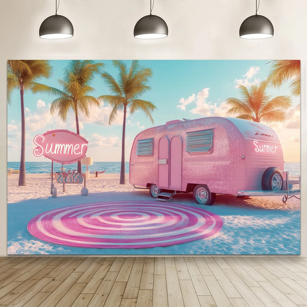 Fondo de fotografía verano palmera playa Rosa coche puesta de sol atardecer Camping fiesta de cumpleaños retrato telón de fondo accesorios de estudio fotográfico