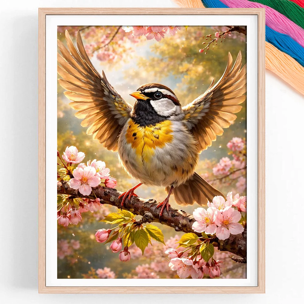 Cross Stitch Kit Cherry Blossom Branches Sparrow Animal Pattern 11CT Threads DIY Hand Embroidery Kit Art Crafts Gift