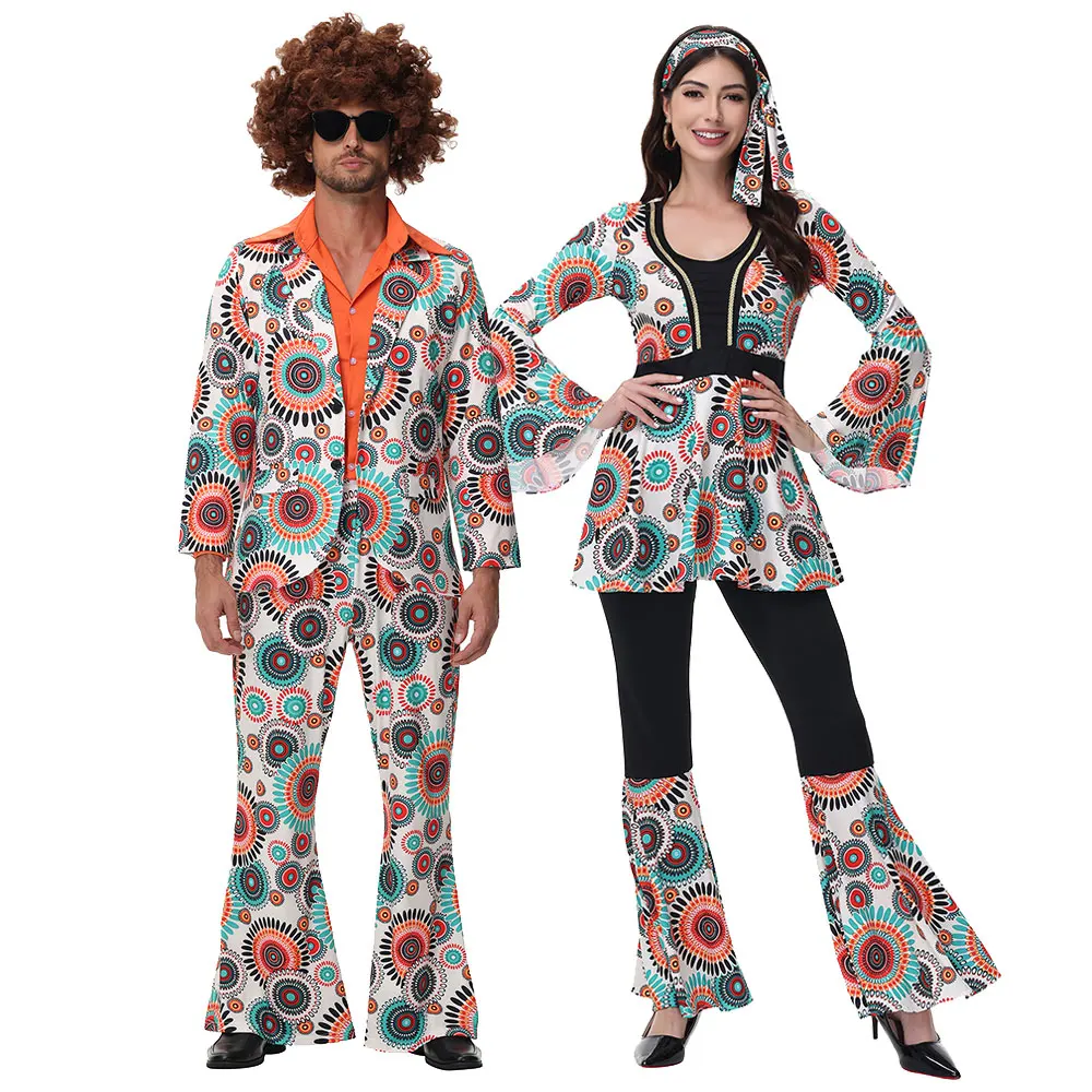 Disfraces de Pareja Hippies para Fiesta de Halloween, Estilo Disco de los 70 y 80, Trajes de Cosplay de Rock Disco para Mujer y Hombre, Disfraces de Fantasía para Festival y Baile