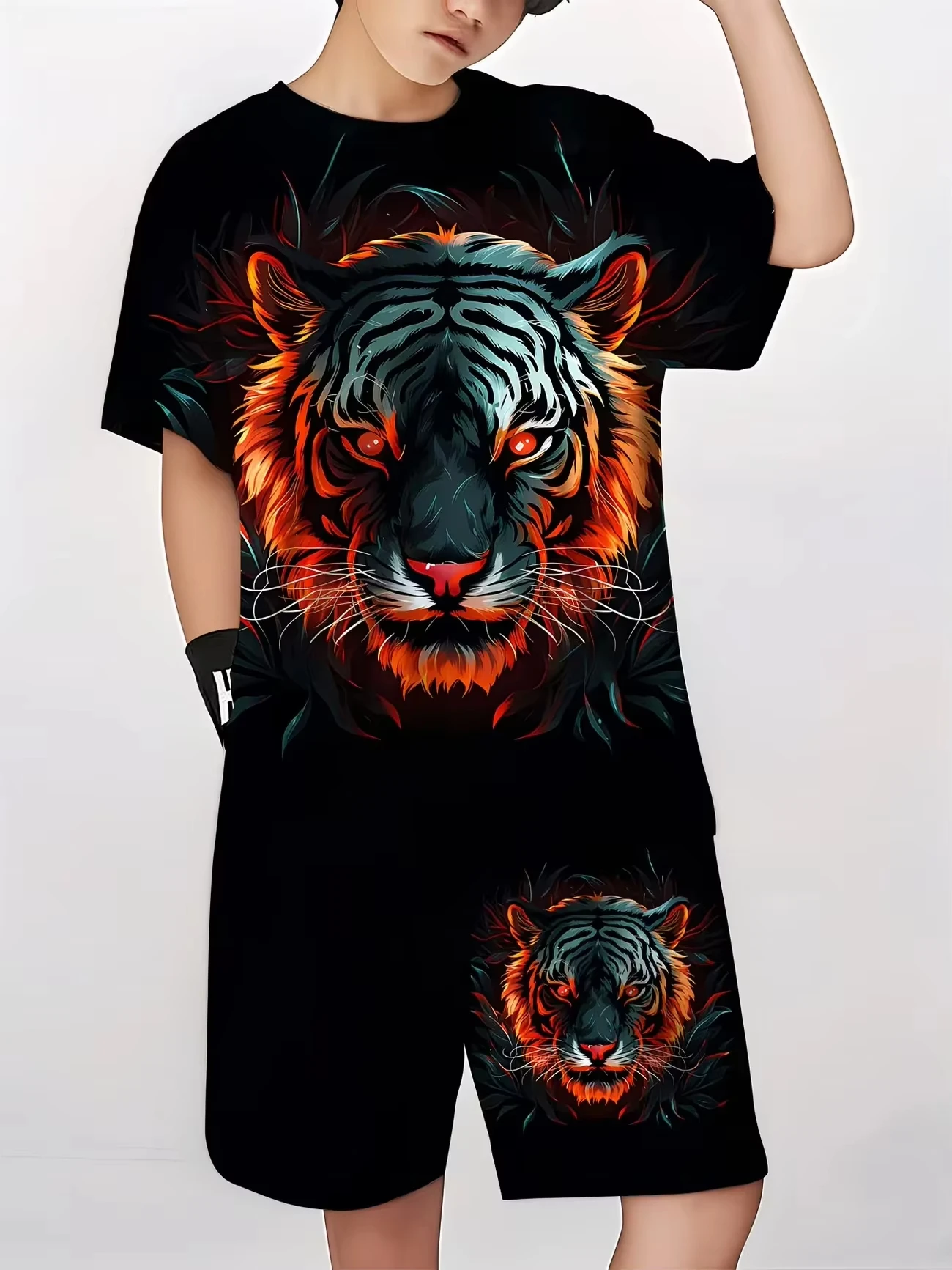 2026 Boys 2Pcs Summer Outfit Tiger Print Short Sleeve T-Shirt + Shorts Set Black Casual Sportswear Kids Streetwear Tracksuit